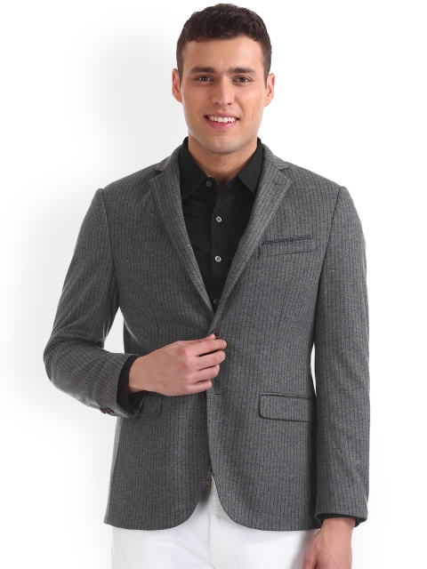 

Arrow New York Men Grey Striped Slim Fit Single Breasted Blazer