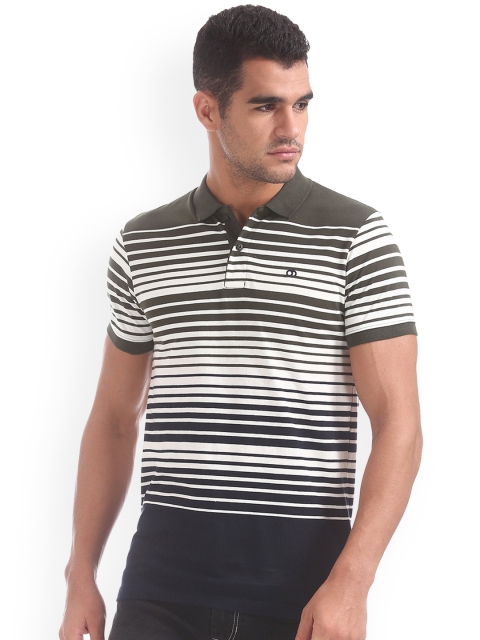 

Ruggers Men White & Olive Green Striped Polo Collar T-shirt