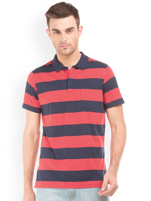 

Ruggers Men Red & Navy Blue Striped Polo Collar T-shirt