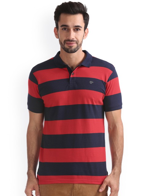 

Ruggers Men Red & Navy Blue Striped Polo Collar T-shirt