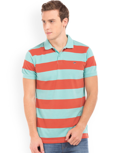 

Ruggers Men Blue & Coral Red Striped Polo Collar T-shirt