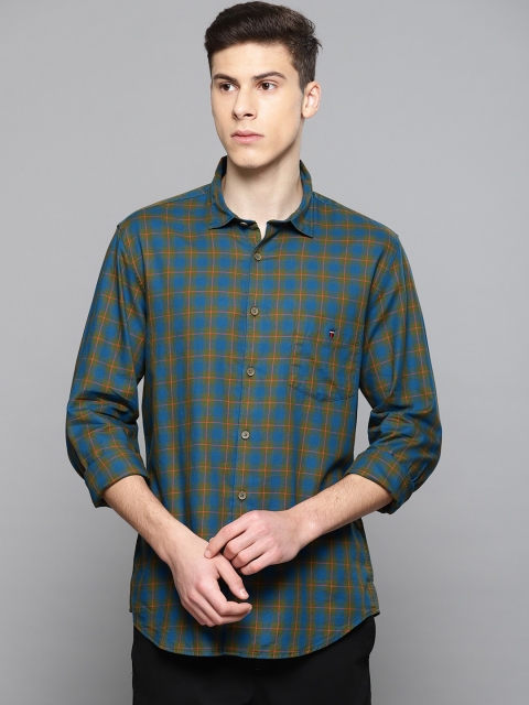 

Louis Philippe Sport Men Blue & Olive Green Super Slim Fit Checked Casual Shirt