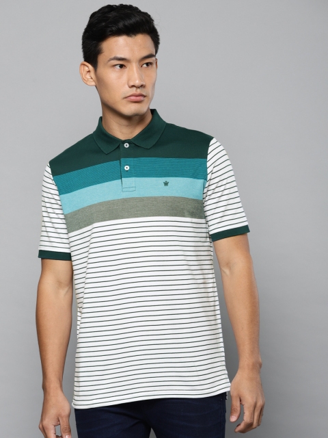 

Louis Philippe Men White & Green Striped Polo Collar T-shirt