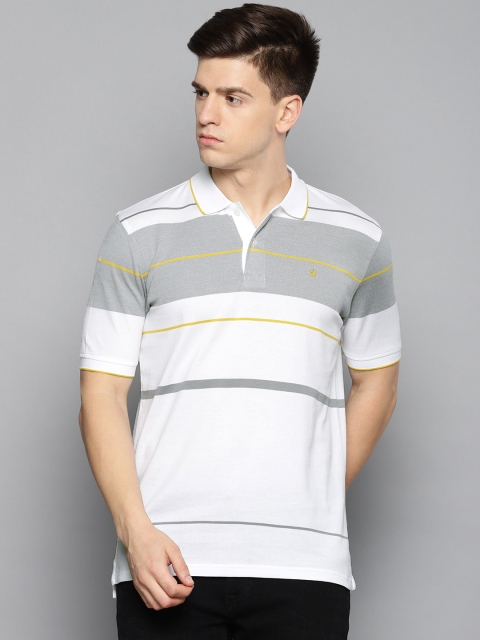 

Louis Philippe Men White & Grey Striped Polo Collar T-shirt