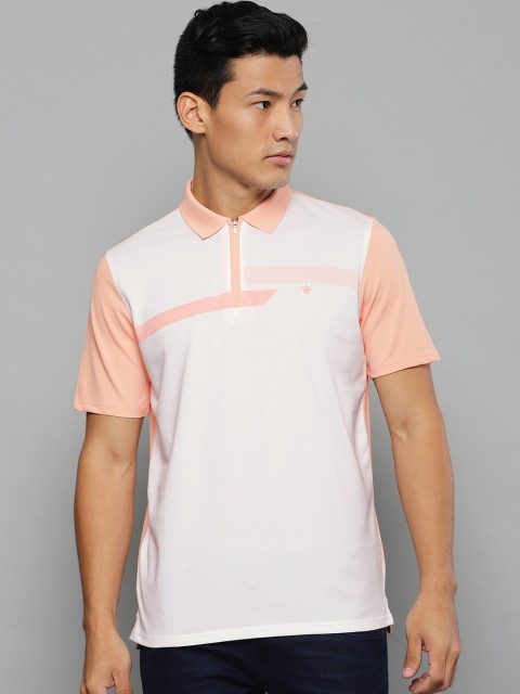 

Louis Philippe Men White & Coral Pink Solid Polo Collar T-shirt