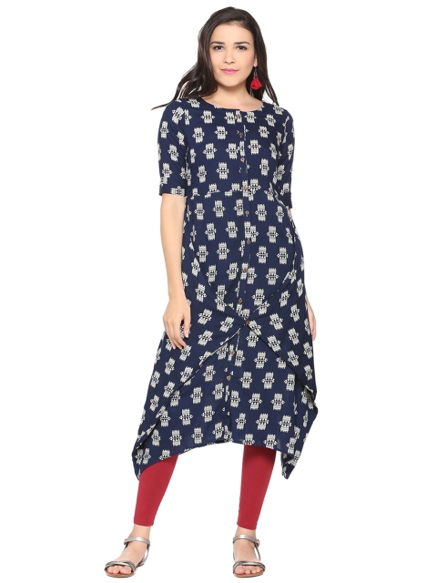 

People Women Navy Blue Printed A-Line Kurta