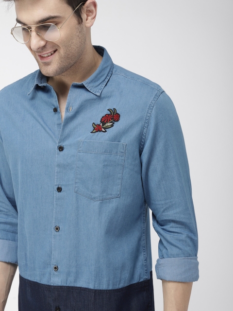

Mast & Harbour Men Blue Solid Casual Chambray Shirt