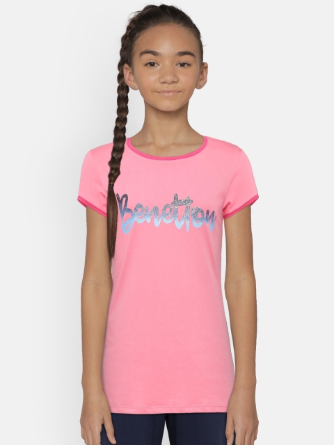 

United Colors of Benetton Girls Pink Printed Round Neck Pure Cotton T-shirt