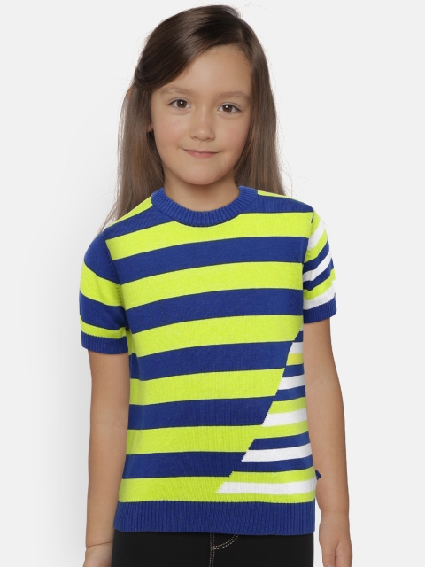 

United Colors of Benetton Girls Navy Blue & Lime Green Striped Sweater