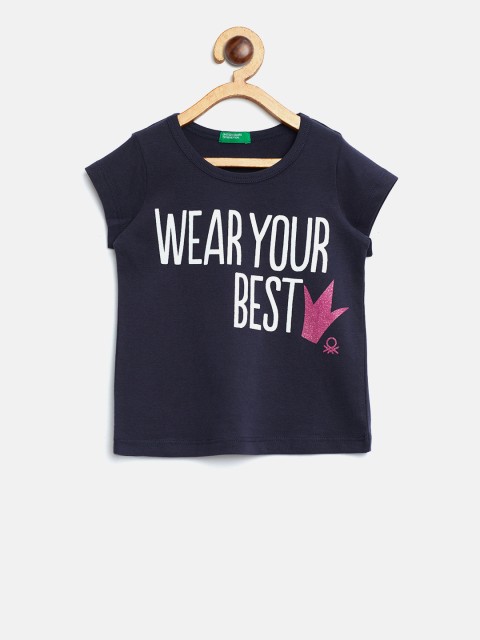 

United Colors of Benetton Girls Navy Printed Round Neck T-shirt, Navy blue