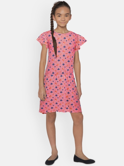 

United Colors of Benetton Girls Pink & Blue Floral Print Fit and Flare Dress