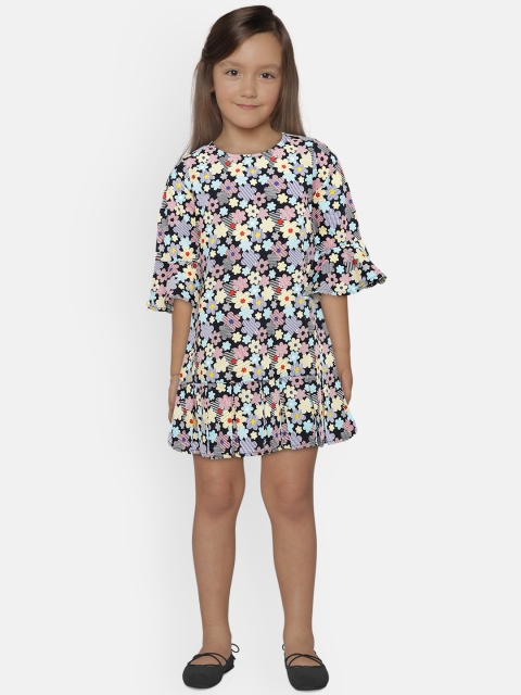 

United Colors of Benetton Girls Navy Blue & Red Floral Print A-Line Dress