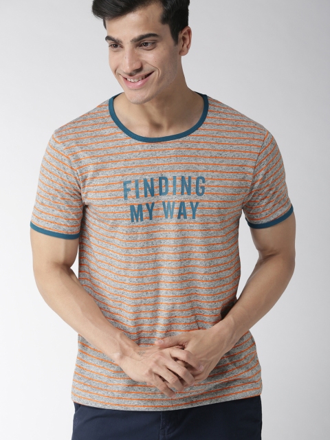 

Mast & Harbour Men Grey Melange & Orange Striped Round Neck T-shirt
