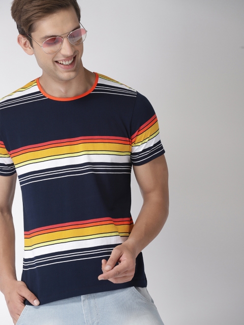 

Mast & Harbour Men Navy Blue, Yellow & White Striped Round Neck T-shirt