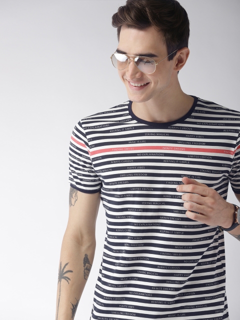 

Mast & Harbour Men White & Navy Blue Striped Round Neck T-shirt