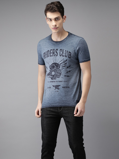 

Flying Machine Men Blue Printed Round Neck Pure Cotton T-shirt