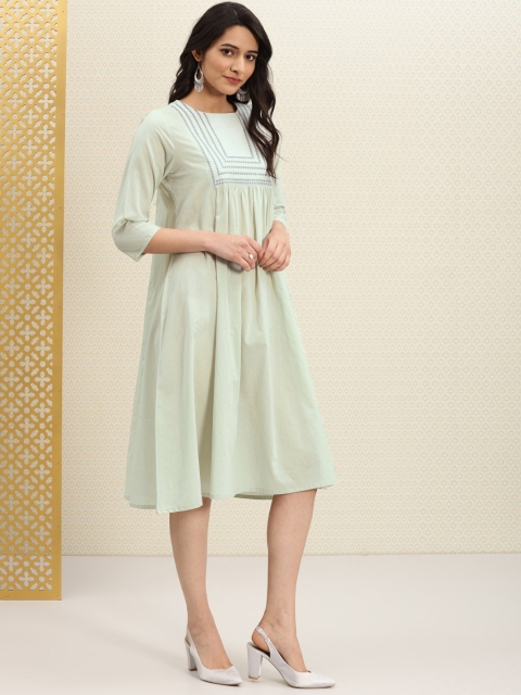 

House of Pataudi Women Green Self Design A-Line Dress