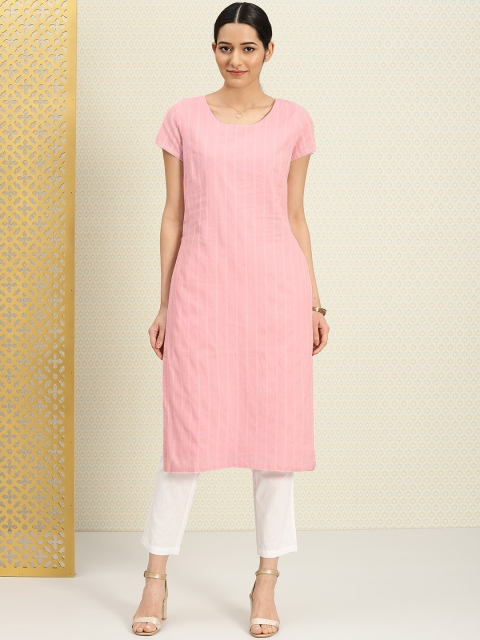

House of Pataudi Women Pink Cotton Dobby Kurta with Trousers