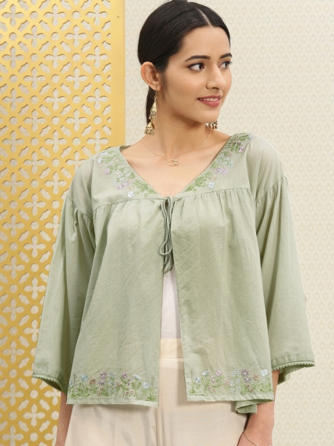 

House of Pataudi Green Embroidered Tie-Up Shrug