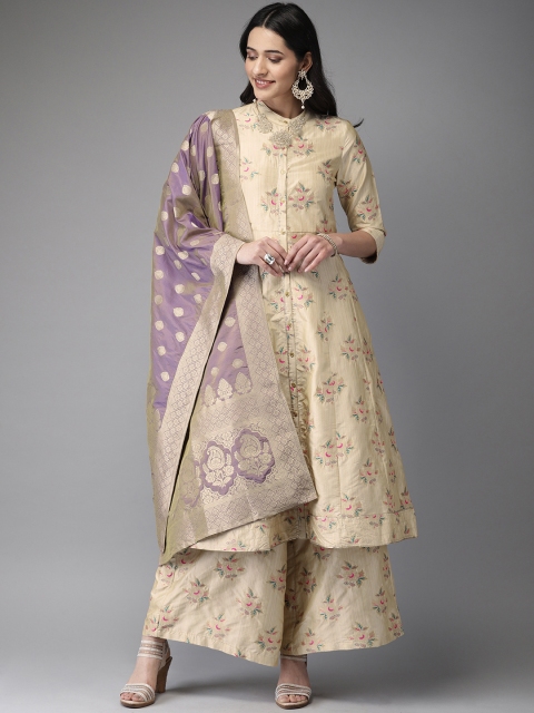 

Anouk Women Beige & Purple Woven Design Kurta with Palazzos & Dupatta