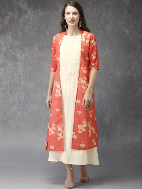 

Anouk Women Peach-Coloured & Off-White Printed Layered A-Line Kurta