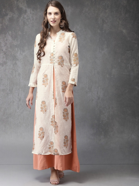 

Anouk Women Off-White & Pink Printed A-Line Kurta