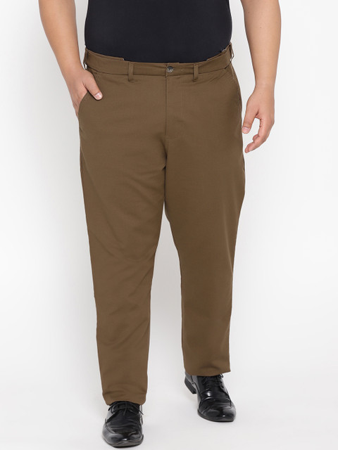 

aLL Plus Size Men Olive Brown Regular Fit Solid Trousers