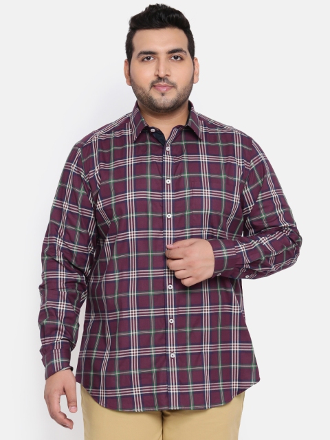 

aLL Plus Size Men Burgundy White Regular Fit Checked Casual Shirt