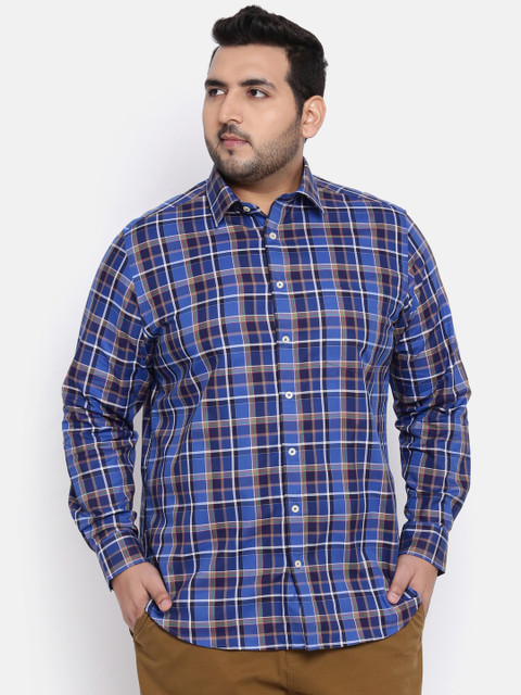 

aLL Plus Size Men Blue Brown Regular Fit Checked Casual Shirt
