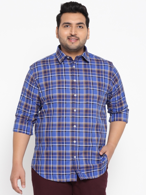 

aLL Plus Size Men Blue White Regular Fit Checked Casual Shirt