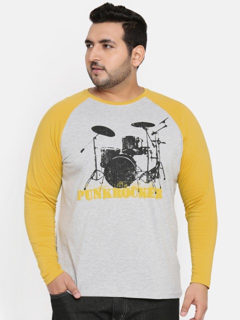 

aLL Plus Size Men Grey Melange Printed Round Neck T-shirt