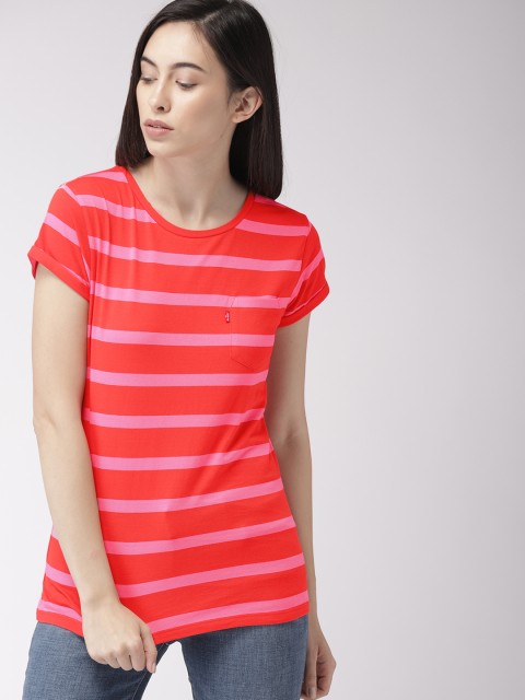

Levis Women Red & Pink Striped Round Neck T-shirt