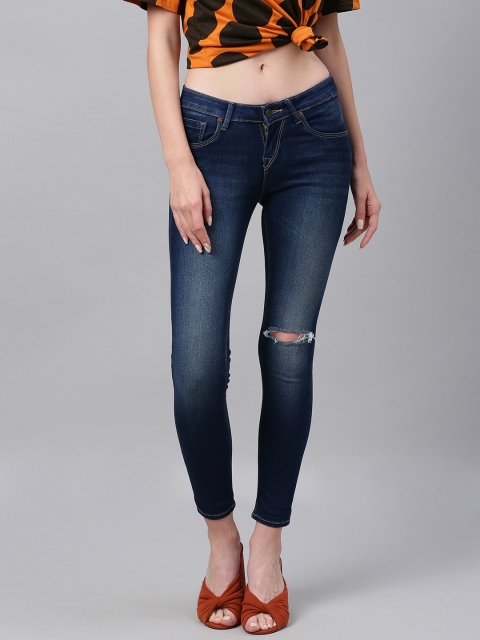 

HERE&NOW Women Navy Blue Skinny Fit Mid-Rise Mildly Distressed Stretchable Cropped Jeans