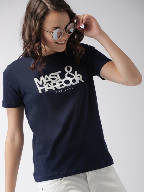 

Mast & Harbour Women Navy Printed Round Neck T-shirt, Navy blue