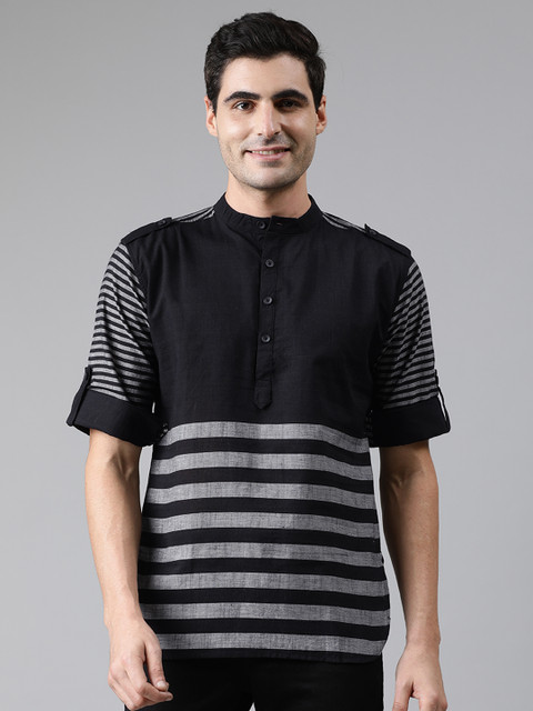 

Svanik Men Black & Grey Striped Straight Kurta