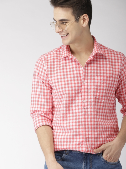 

Mast & Harbour Men White & Coral Orange Slim Fit Checked Casual Shirt