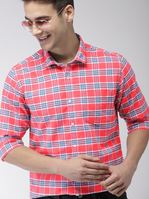 

Mast & Harbour Men Coral Pink & Blue Slim Fit Checked Casual Shirt