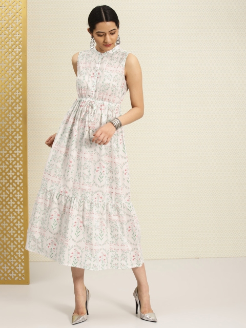 

House of Pataudi Women White Printed Tiered Fit & Flare Dress