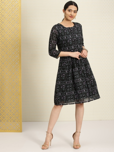 

House of Pataudi Women Black Printed Pleated A-Line Dress