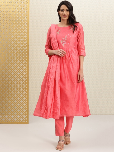 

House of Pataudi Women Pink Chanderi Embroidered Kurta with Trousers & Dupatta