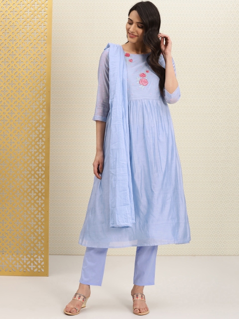 

House of Pataudi Women Blue Chanderi Embroidered Kurta with Trousers & Dupatta