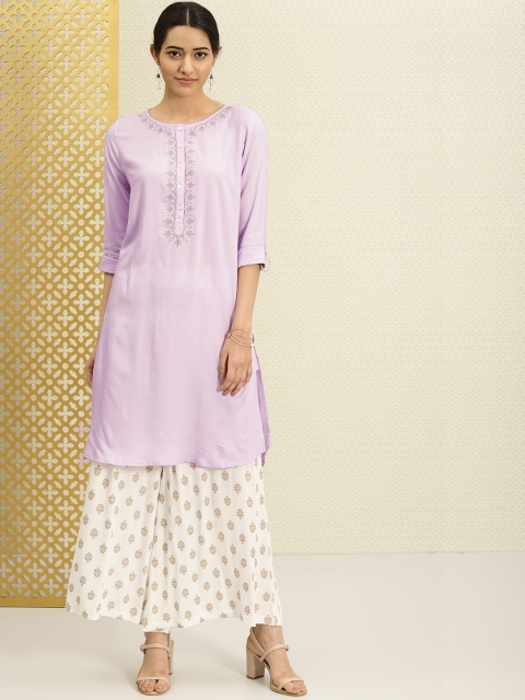 

House of Pataudi Women Purple Embroidered Straight Kurta
