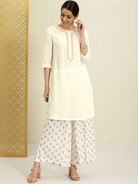 

House of Pataudi Women Off-White Embroidered Straight Kurta