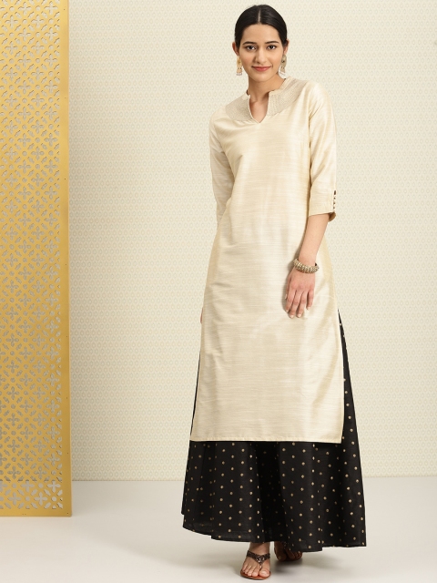 

House of Pataudi Women Beige Solid Straight calf length Kurta
