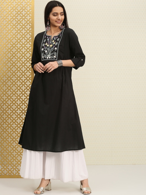 

House of Pataudi Women Black Embroidered A-Line Kurta with Box Pleat Detail