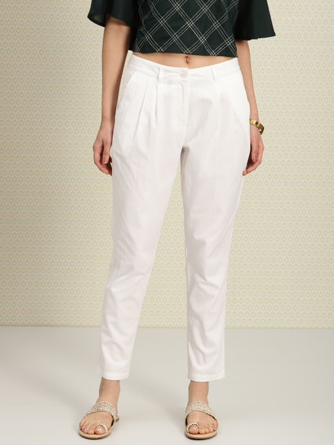 

House of Pataudi Women White Regular Fit Solid Regular Trousers