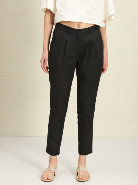 

House of Pataudi Women Black Regular Fit Solid Casual Trousers