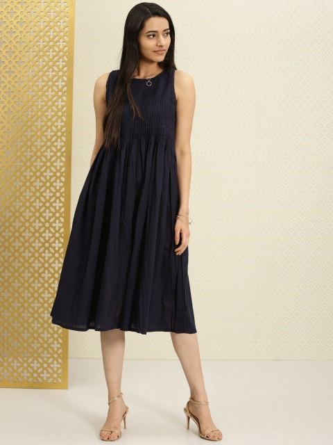 

House of Pataudi Women Navy Blue Pleated A-Line Dress