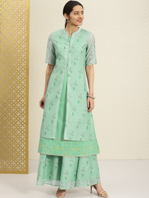 

House of Pataudi Women Green Floral Print Double Layered A-Line Kurta
