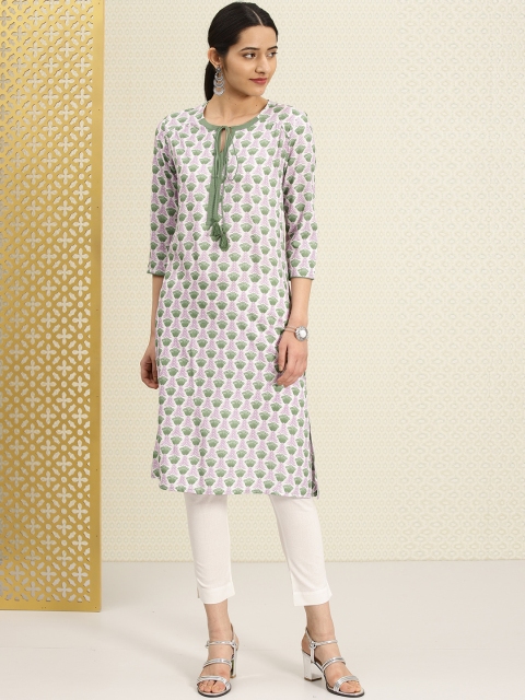 

House of Pataudi Women Green & Lavender Printed Straight Kurta
